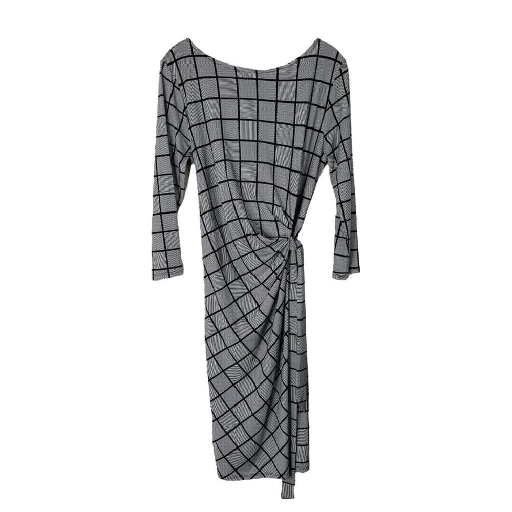 Ann Taylor black white plaid stripes stretch faux wrap preppy midi dress medium